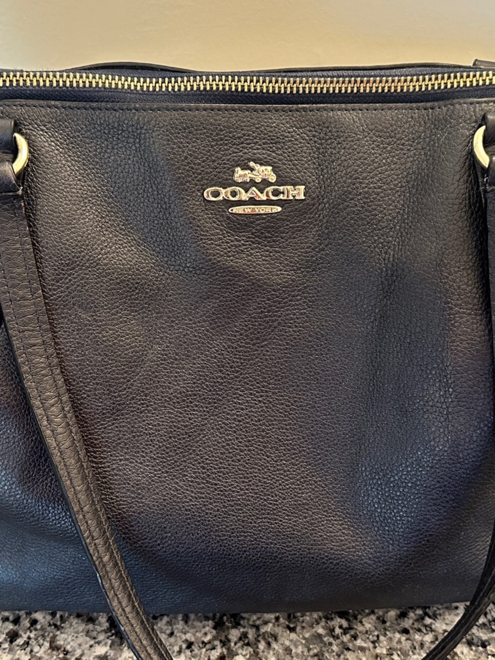 Coach Town Tote Navy Pebbled Leather Zip Top Shoulder Bag Large Work - Picture 4 of 11